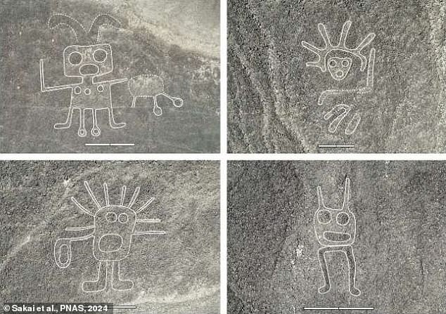 More than 300 mysterious Nazca symbols have been discovered in Peru, including a Wall-E-style figure (top left) and alien figures