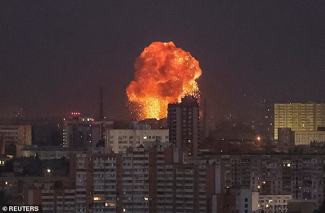 An explosion after a Russian missile attack is seen in the sky above the city during a Russian missile attack, amid Russia's attack on Ukraine, in Kiev, Ukraine, September 2, 2024