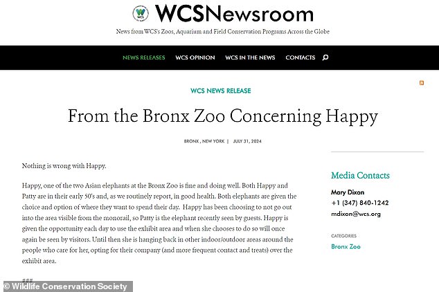 “There is nothing wrong with Happy,” Zoo spokesperson Mary Dixon said in a July 31 statement, while emphasizing that the elephant is “in good health.”