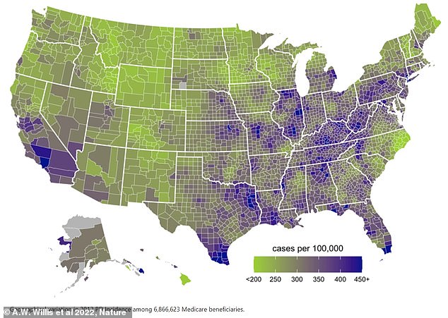 This map shows the number of people with Parkinson's per 100,000 people in the U.S., using data from 6,866,623 people with Medicare in 2012. Southern California, the Sunbelt and Rustbelt states make up the region experts call America's 