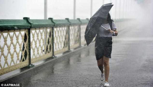 There is a high probability that spring rainfall will be 'unusually high', while winter temperatures will be higher (Photo of a commuter walking in the rain in Sydney)