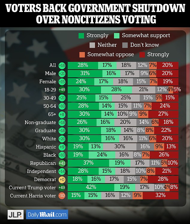 JL Partners surveyed 1,000 likely voters about their views on noncitizen voting. About 45 percent said the issue was important enough to warrant a government shutdown.