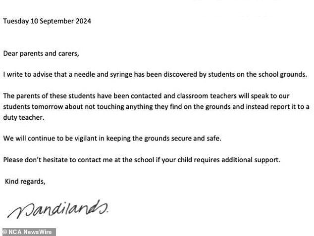 Letter from Nikki Sandilands, principal of Roebuck Primary School, to parents and carers regarding the discovery of a needle on school grounds