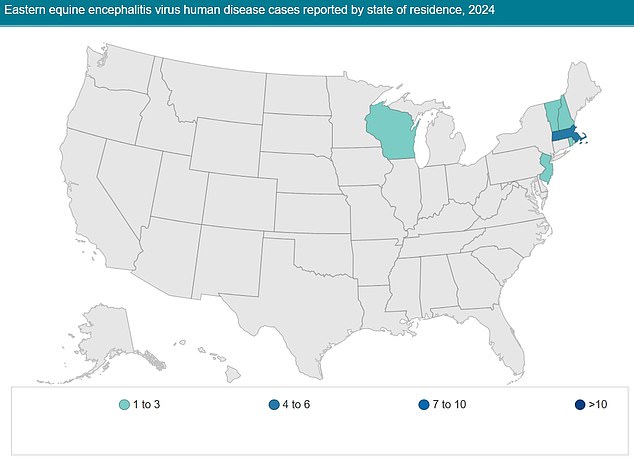 The CDC map shows cases of EEE reported in the U.S. this year. It has not yet been updated to show the case in New York