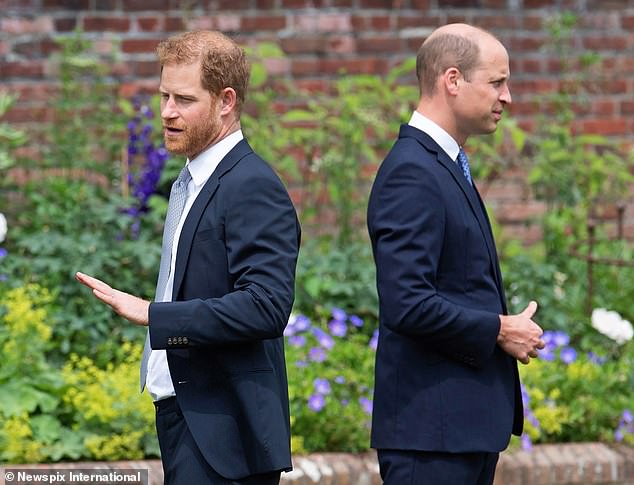 Prince Harry and Prince William at the unveiling of their mother's statue in the Sunken Garden at Kensington Palace on what would have been her 60th birthday