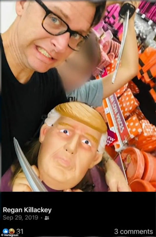 Teacher Regan Killackey could lose his license over a September 2019 photo of his children posing with plastic swords pointed at a person wearing a Donald Trump mask