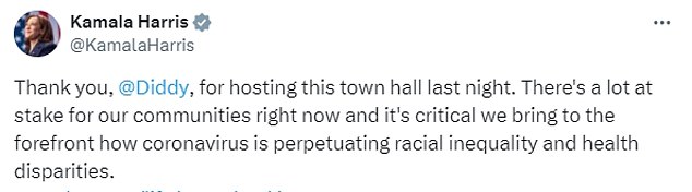 Following Diddy's arrest, conservatives revived an old tweet from Kamala Harris, in which she praised Diddy for hosting a town hall meeting on racial inequality during her previous White House campaign in 2020