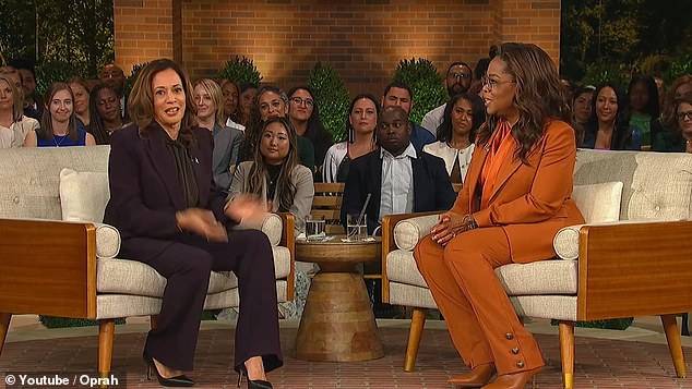 Oprah Winfrey (right) filled her Thursday night event with Vice President Kamala Harris (left) with Hollywood stars joining the conversation via Zoom