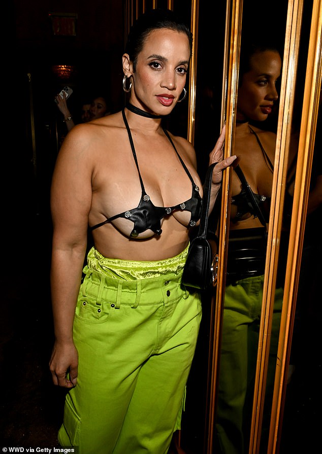 Dascha Polanco, 41, put on a dazzling show as she nearly fell out of a tiny black star-shaped bra at a Marc Jacobs New York Fashion Week event on Thursday