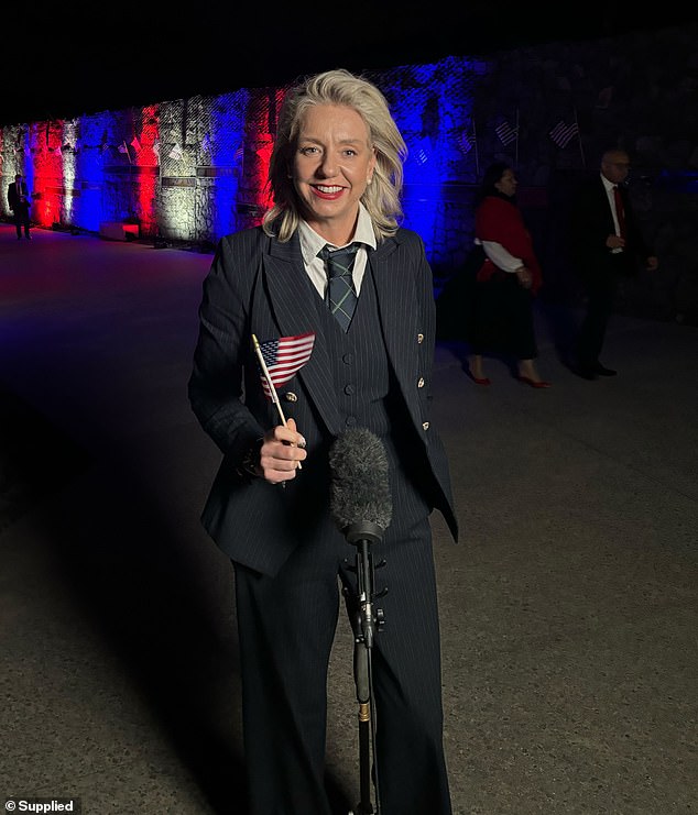 Senator Bridget McKenzie of the Nationals is pictured in her three-piece suit at the U.S. Embassy in honor of July 4