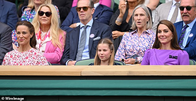 Pippa Middleton watches tennis with Princess Charlotte and her sister Kate at Wimbledon in July