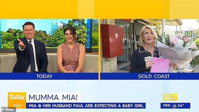 The popular Today breakfast show star is shooting her final live crossing on the Gold Coast before she prepares to welcome her second child, a daughter, with husband Paul. Pictured with presenters Karl Stefanovic and Sarah Abo