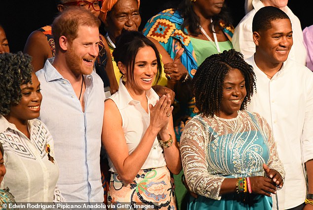 The Sussexes with Colombian Vice President Francia Marquez at a theater in Cali on August 18