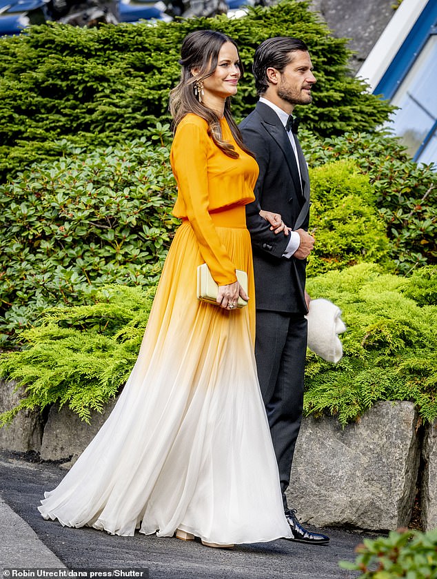 Princess Sofia of Sweden looked stunning in a flowing ombre yellow and white dress as she attended the royal wedding of Princess Märtha Louise and Shaman Durek in Norway on Saturday