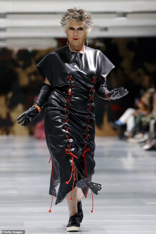 Prue Leith swapped the pastries for PVC when she debuted a VERY bold, all-leather look at the Vin + Omi show at The Kensington Building during London Fashion Week on Friday