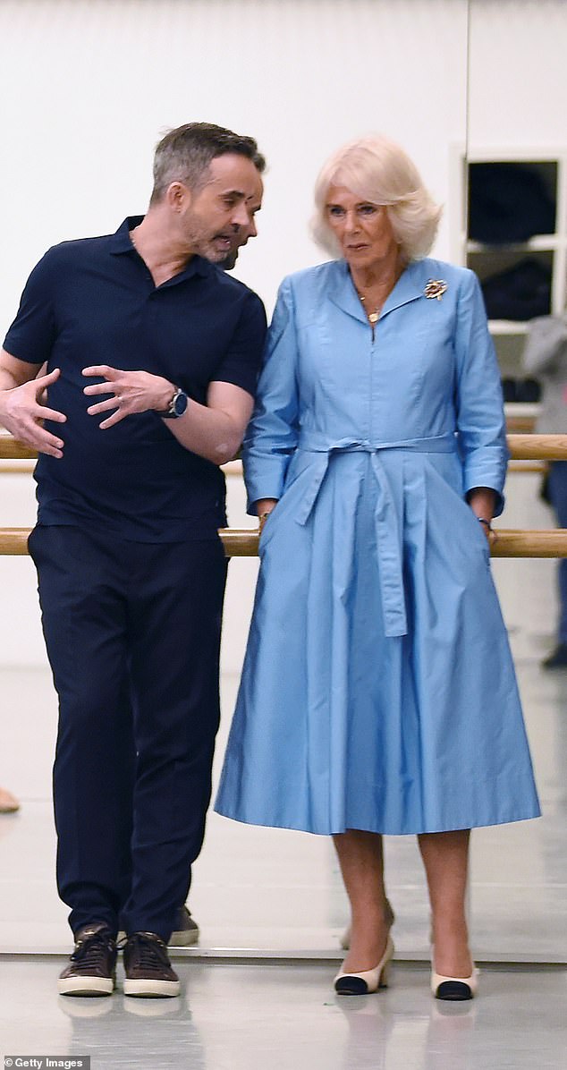 Queen Camilla pictured with The English National Ballet's Artistic Director Aaron S. Watkin