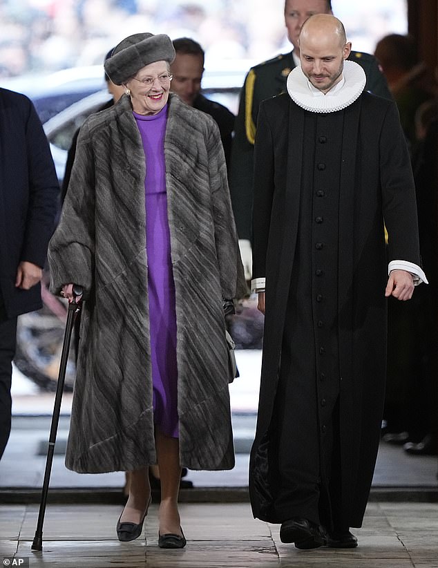 Former Queen of Denmark Margrethe smiled at the people in the pews of Aarhus Cathedral as she arrived for the service on January 21