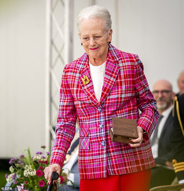 Queen Margrethe of Denmark has been discharged from hospital after a fall at Fredensborg Castle - but suffered injuries to her neck and left arm, the palace said on Friday. She was pictured last week at the Karen Blixen Museum in Copenhagen