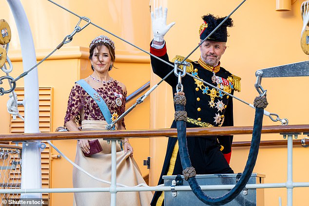 Queen Mary leaves the royal yacht Dannebrog for a state banquet at the Royal Palace in Stockholm, on the first day of the Danish royal family's first state visit to Sweden in May