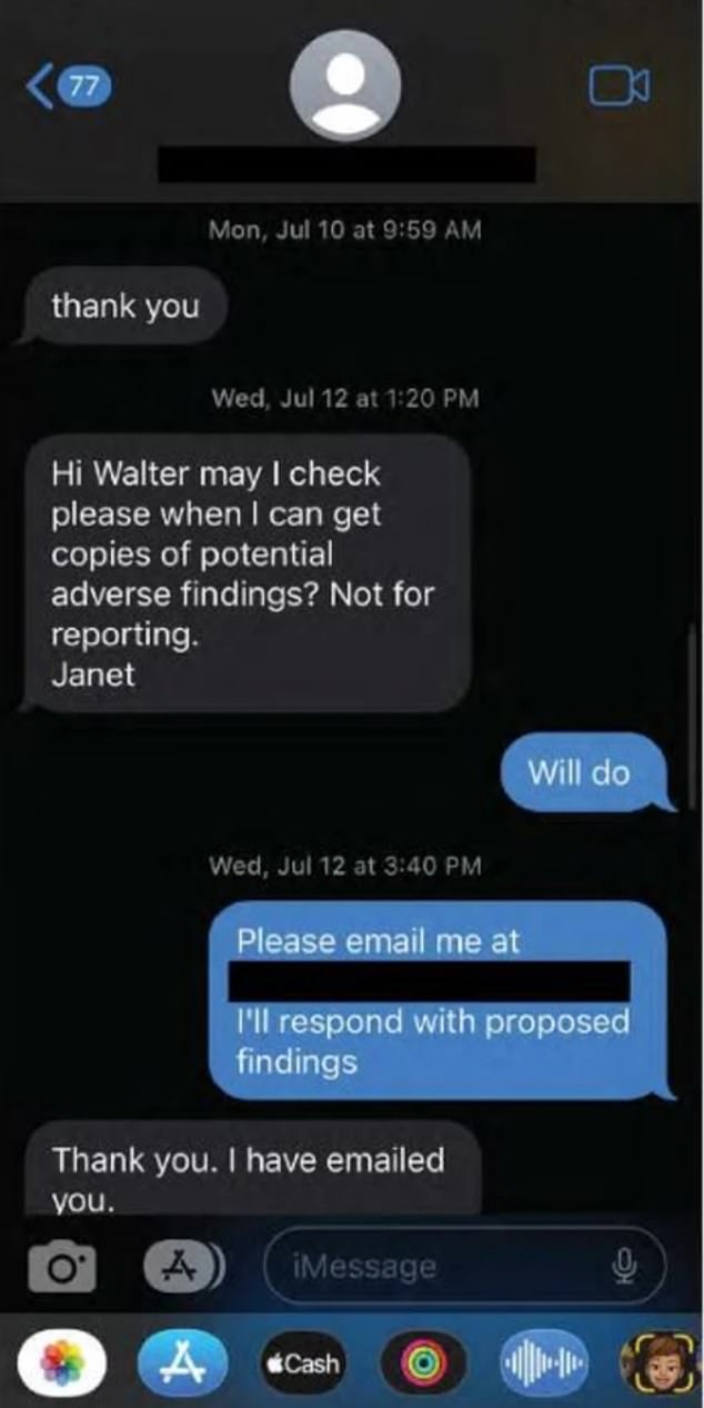 Pictured: Texts between Janet Albrechtsen and Walter Sofornoff