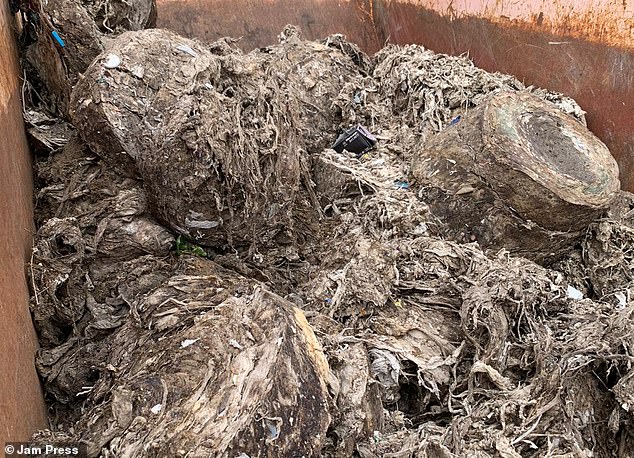 Fatbergs are huge amounts of waste material that form in a sewer system from items that should not be flushed, such as wet wipes and food waste. Pictured is a fatberg at Fornham Water Recycling Centre in Suffolk