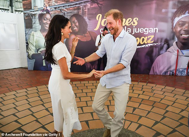 The Duke and Duchess of Sussex dance during a recent tour of Colombia, four years after moving to the US