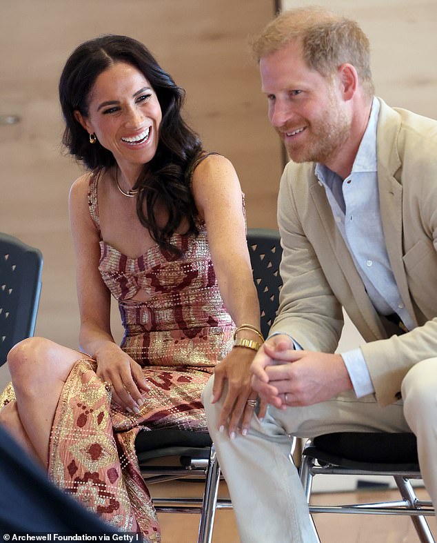 Meghan, Duchess of Sussex and Prince Harry, Duke of Sussex are seen at Centro Nacional de las Artes Delia Zapata during the Duke and Duchess of Sussex's visit to Colombia on August 15, 2024 in Bogota, Colombia