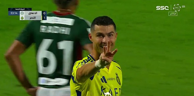 Cristiano Ronaldo celebrated a goal for his son with three fingers after scoring for Al-Nassr