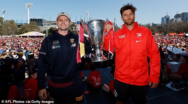 Rival skippers Lachie Neale of the Brisbane Lions (left) and Dane Rampe of the Sydney Swans with the AFL Premiership Cup – which won't be engraved on the winning team until well after the final siren