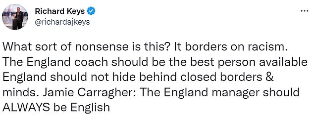 They previously clashed when Carragher said the manager of the England team should always be English, before Keys claimed his views on the issue 'bordered on racism'