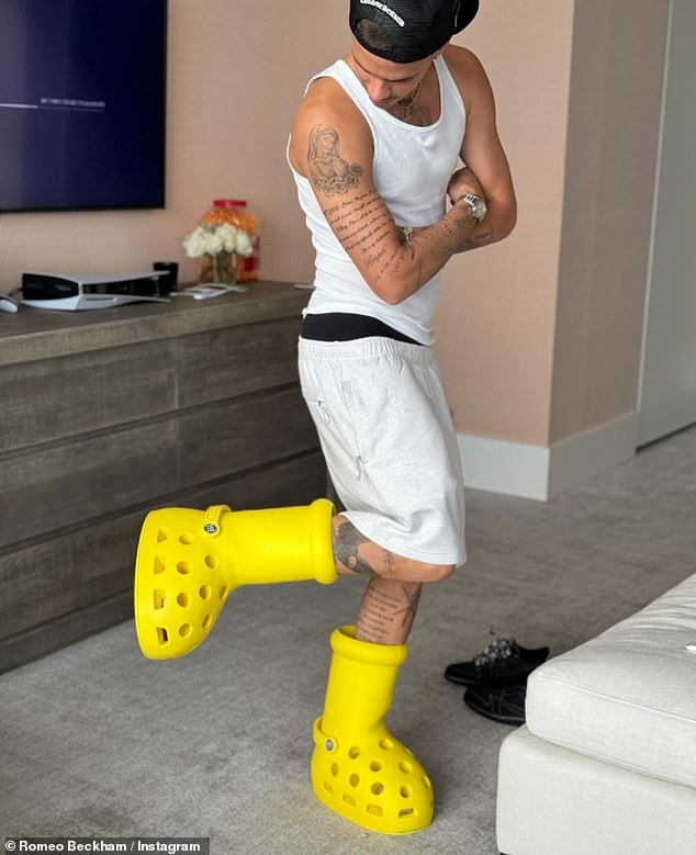 It comes after Romeo took inspiration from his fashion mogul mother Victoria, when he recently posed for a photo wearing a pair of giant yellow Crocs boots