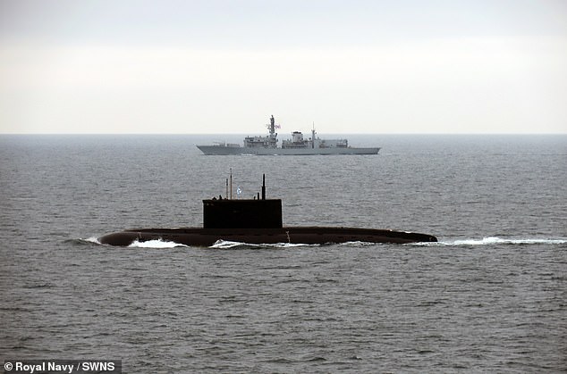 HMS Iron Duke followed the Kilo-class submarine Novorossiysk and the supporting tug Evgeny Churov through the Strait of Dover and into the Atlantic Ocean