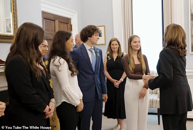 Pictured: Sandy Hook shooting survivors Emma Ehrens, Grace Fischer, Henry Terifay and Lilly Wasilnak meet with Vice President Kamala Harris at the White House in June