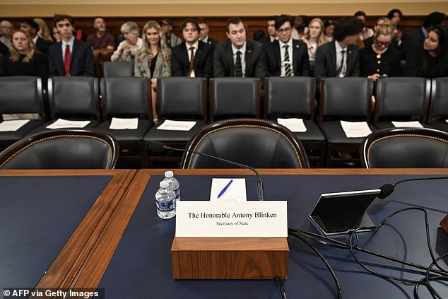 A name tag of Secretary of State Antony Blinken is displayed during a House Foreign Affairs Committee hearing on the US withdrawal from Afghanistan