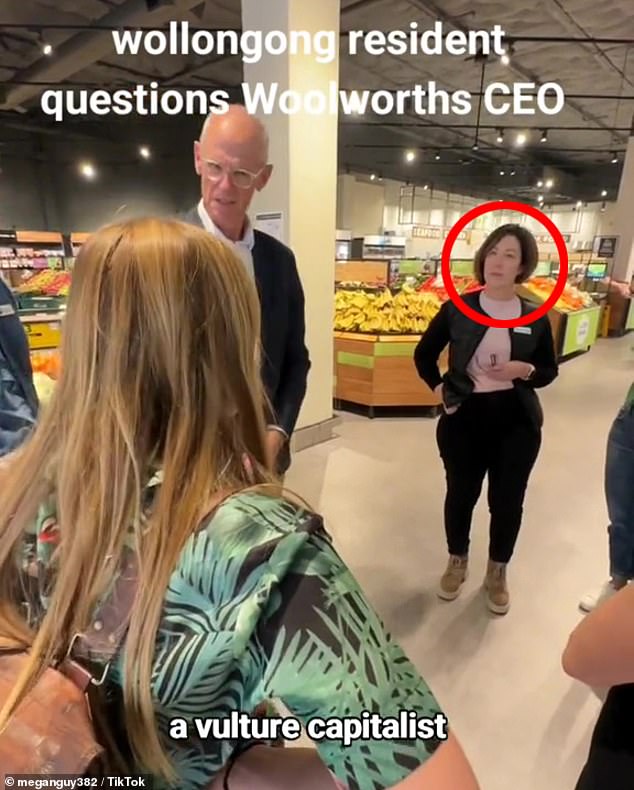 Megan Guy garnered national media attention when she confronted Woolworths CEO Amanda Bardwell (circled) at her local supermarket in Wollongong on Tuesday