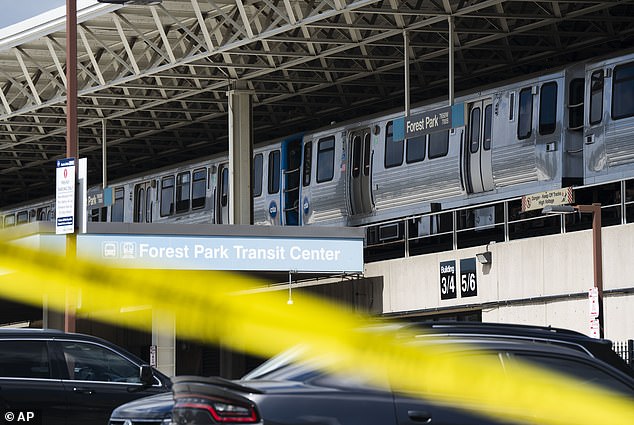 Officers said surveillance footage showed the four victims were likely sleeping in different parts of the train and that there were no fights or other confrontations prior to the shooting at the Forest Park CTA Blue Station (pictured) in Forest Park, Illinois.