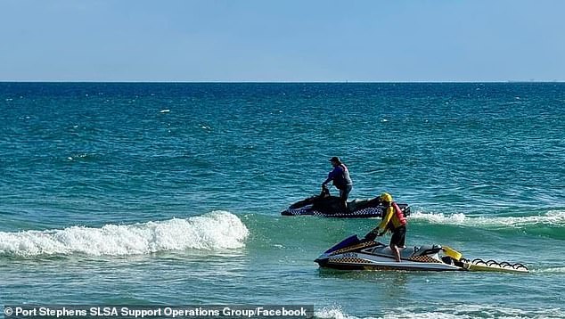 The search for a 20-year-old man who went missing on Stockton Beach, north of Newcastle, has ended after a flounder washed ashore in August (pictured: SLS at the scene)