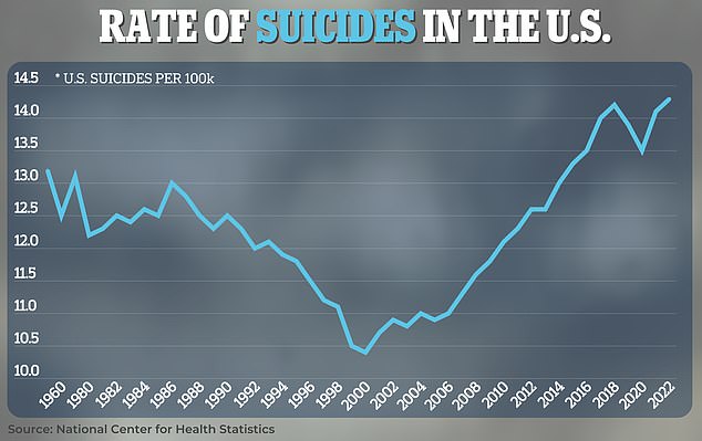 The US suicide rate hit a record high in 2022 at more than 14 deaths per 100,000 people