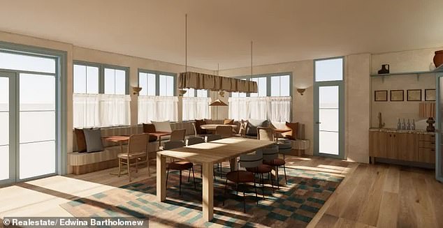 The popular Sunrise presenter bought the 177-year-old property in Carcoar, NSW in May 2023, but the project has faced major delays in the conservation town. Pictured: An artist's rendering of the planned communal dining room