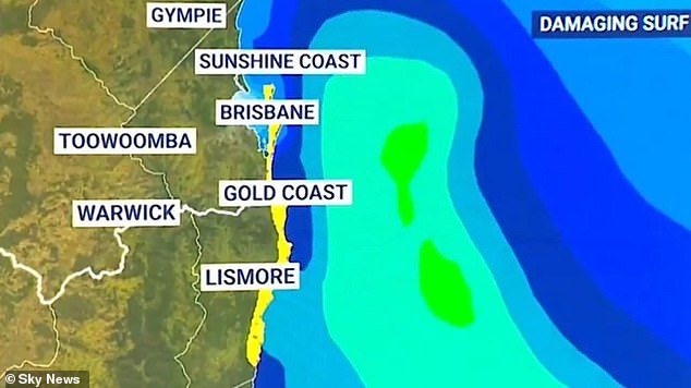 A low-pressure weather system (shown on this weather map) 250km off the coast of the Gold Coast continues to push winds of 100km/h along coastal areas