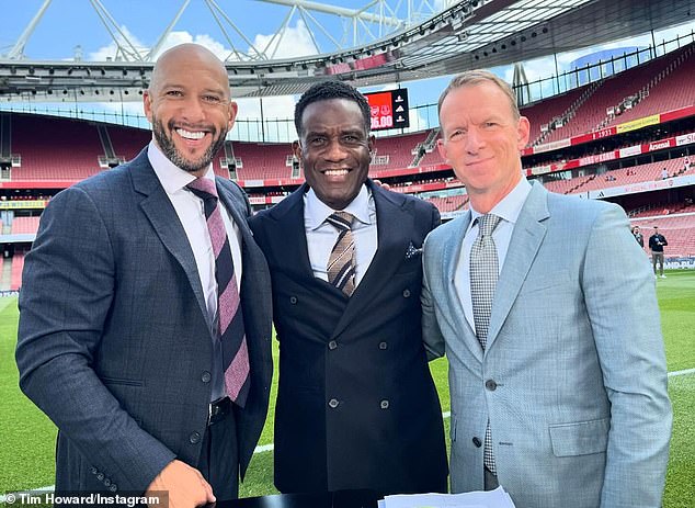 Howard is pictured with fellow NBC analysts Robbie Earle (center) and Robbie Mustoe (right)