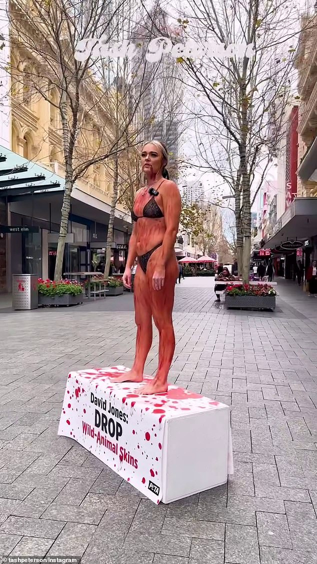 Notorious vegan activist Tash Peterson (pictured) has appeared scantily clad and covered in fake blood to protest against David Jones in Perth's CBD