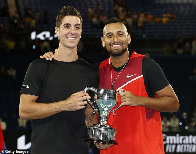 An Australian tennis star has split from his Melbourne model girlfriend after just 18 months together. Pictured: Tennis stars Thanasi Kokkinakis, 28, and Nick Kyrgios, 29, at 2022 AO