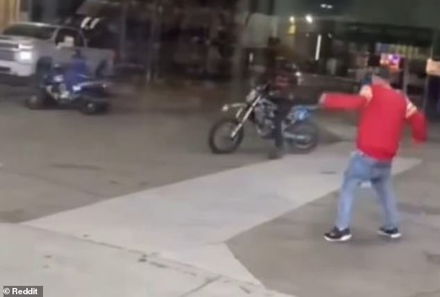 Video footage shows a brazen gang of dirt bikers mocking Ariel Cruz after he walked into a local gas station to buy some beer on February 11