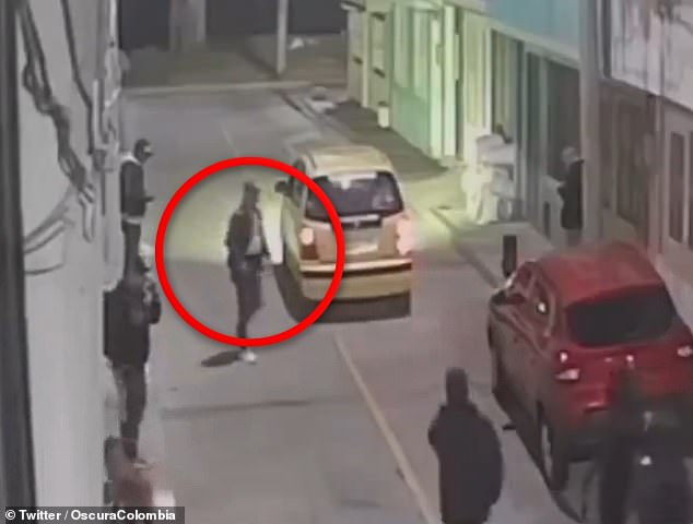 A local singer (circled) was shot dead just before he walked to the venue where he was scheduled to perform in Bogotá, Colombia, on Wednesday night. The killer (bottom right) has been identified, Bogotá Metropolitan Police said