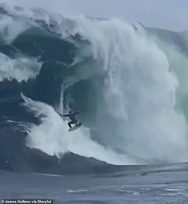 Footage shows the moment surfer Mikey Brennan, 38, fell from his surfboard when a wave crashed on him while surfing at Shipstern Bluff in Tasmania on Friday