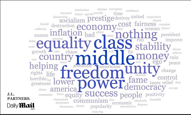 JL Partners asked 300 likely voters in seven swing states (Pennsylvania, Michigan, Wisconsin, North Carolina, Arizona, Georgia, Nevada) to sum up in one word what they expected from a Kamala Harris presidency. The results are displayed in a word cloud