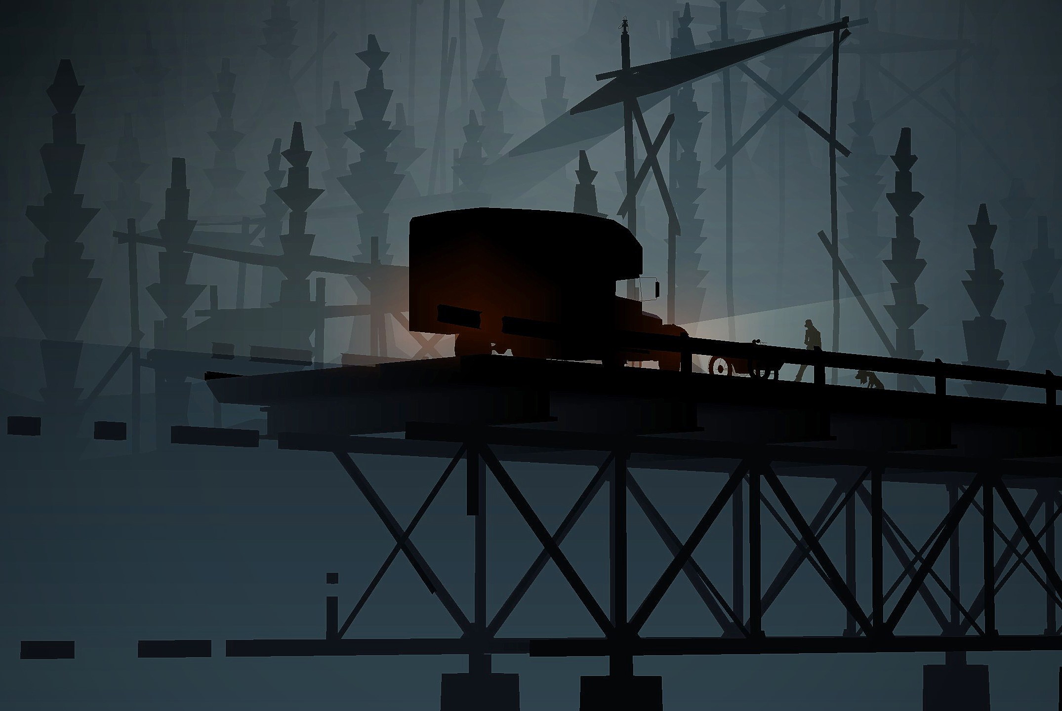 A screenshot from Kentucky Route Zero showing a truck on a broken bridge 