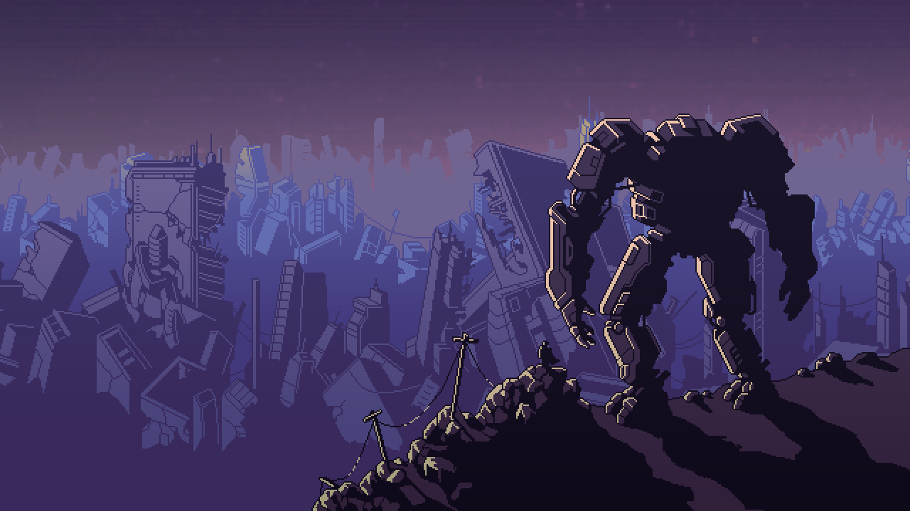 Art from Into the Breach showing a giant mech standing on a cliff overlooking a destroyed city