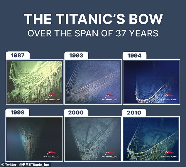 Haunting photos show how the Titanic's iconic bow sank in the 37 years between 1987 and 2010